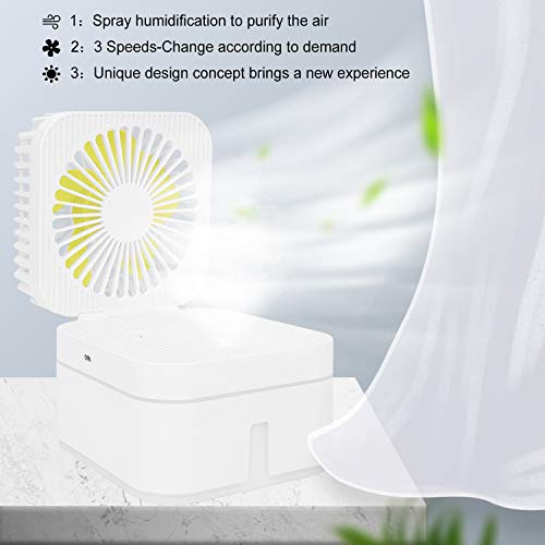 ACTNOW Mini Humidifer Desk Fan With USB, 3 Speed Small Fan with 7 Colors Night Light, Quiet Portable Fan of 4.1' L x 4.1" W x 3.9" H In office, Cooling Air Conditioner Mini Fan for Bedroom (White)