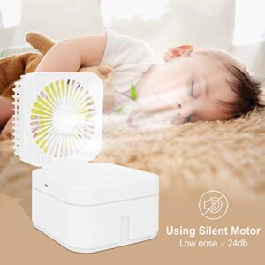 ACTNOW Mini Humidifer Desk Fan With USB, 3 Speed Small Fan with 7 Colors Night Light, Quiet Portable Fan of 4.1' L x 4.1" W x 3.9" H In office, Cooling Air Conditioner Mini Fan for Bedroom (White)