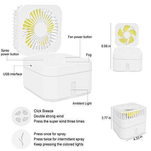 ACTNOW Mini Humidifer Desk Fan With USB, 3 Speed Small Fan with 7 Colors Night Light, Quiet Portable Fan of 4.1' L x 4.1" W x 3.9" H In office, Cooling Air Conditioner Mini Fan for Bedroom (White)