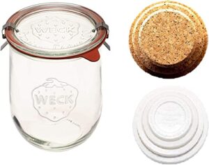 large glass jars for sourdough - starter jar with glass lid - tulip jar with wide mouth - weck jars 1 liter includes (cork lid & keep fresh cover)
