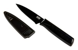 kuhn rikon colori non-stick serrated paring knife with safety sheath, 4 inch/10.16 cm blade, black