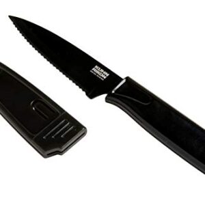 KUHN RIKON COLORI Non-Stick Serrated Paring Knife with Safety Sheath, 4 inch/10.16 cm Blade, Black