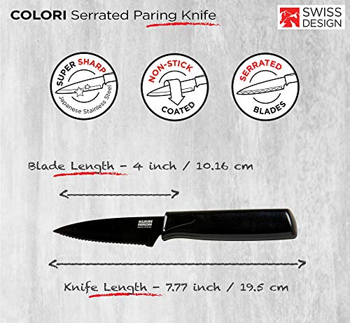 KUHN RIKON COLORI Non-Stick Serrated Paring Knife with Safety Sheath, 4 inch/10.16 cm Blade, Black