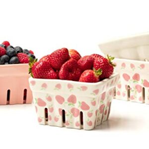 Farmhouse Ceramic Berry Basket, Colander, Strawberry Decor, Fruit Bowls, Fruit Baskets, Kawaii Strawberry Kitchen bowl, Pink White and Cute Strawberry pattern Stoneware Harvest Square Bowls Set of 4