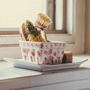 Farmhouse Ceramic Berry Basket, Colander, Strawberry Decor, Fruit Bowls, Fruit Baskets, Kawaii Strawberry Kitchen bowl, Pink White and Cute Strawberry pattern Stoneware Harvest Square Bowls Set of 4