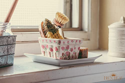 Farmhouse Ceramic Berry Basket, Colander, Strawberry Decor, Fruit Bowls, Fruit Baskets, Kawaii Strawberry Kitchen bowl, Pink White and Cute Strawberry pattern Stoneware Harvest Square Bowls Set of 4