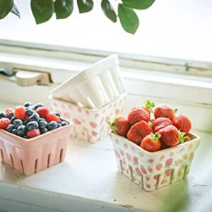 Farmhouse Ceramic Berry Basket, Colander, Strawberry Decor, Fruit Bowls, Fruit Baskets, Kawaii Strawberry Kitchen bowl, Pink White and Cute Strawberry pattern Stoneware Harvest Square Bowls Set of 4