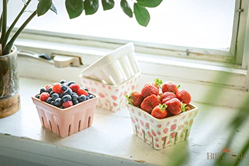 Farmhouse Ceramic Berry Basket, Colander, Strawberry Decor, Fruit Bowls, Fruit Baskets, Kawaii Strawberry Kitchen bowl, Pink White and Cute Strawberry pattern Stoneware Harvest Square Bowls Set of 4