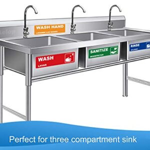 Wash, Rinse, Sanitize Handwash Sink Labels, Heavy Duty 3 Compartment Sink Waterproof Sticker Signs for Wash Station, Commercial Kitchens, Restaurant, Food Trucks, Busing Stations and Dishwashing