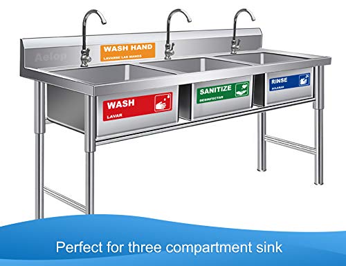 Wash, Rinse, Sanitize Handwash Sink Labels, Heavy Duty 3 Compartment Sink Waterproof Sticker Signs for Wash Station, Commercial Kitchens, Restaurant, Food Trucks, Busing Stations and Dishwashing