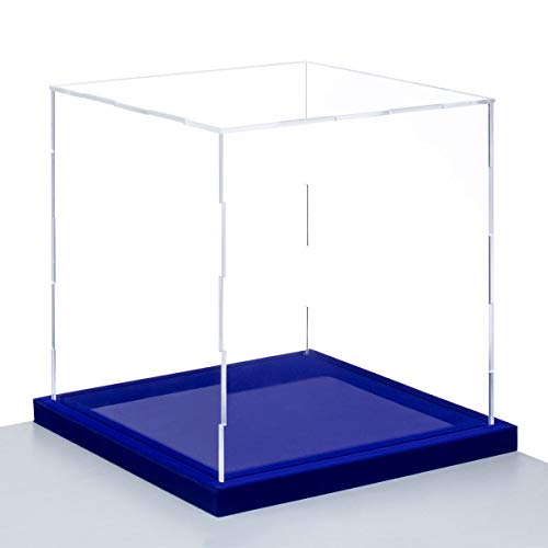 Clear Acrylic Display Box with Blue Velvet Base, Simple Self-Assembly Dustproof Showcase, Cube Countertop Box for Collectibles, Toys, Home Organization (8x8x8 inch)