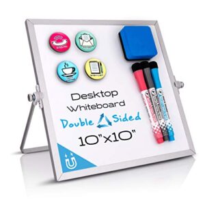 small white board 10"x10" - desktop dry erase whiteboard with stand, 3 markers, 4 magnets & eraser - tabletop double-sided portable mini white board easel for office desk, kids home school students