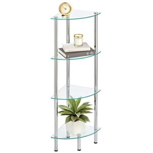 mdesign modern glass corner 4-tier storage organizer tower cabinet with open shelves - display furniture for bathroom, office, bedroom, living room - holds books, plants, candles - chrome/clear
