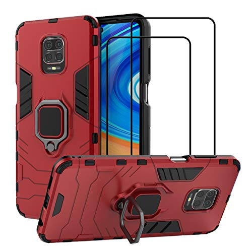 EasyLifeGo for Xiaomi Redmi Note 9S / Redmi Note 9 Pro/Note 9 Pro Max Kickstand Case with Tempered Glass Screen Protector [2 Pieces], Heavy Duty Armor Dual Layer Anti-Scratch Case Cover, Red