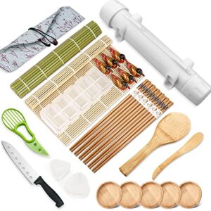 29 pcs sushi making kit,diy all in one sushi bazooka maker with bamboo sushi mat,bamboo chopsticks,spreader, sushi knife,cotton bag,sauce dishes,perfect for beginners and professionals