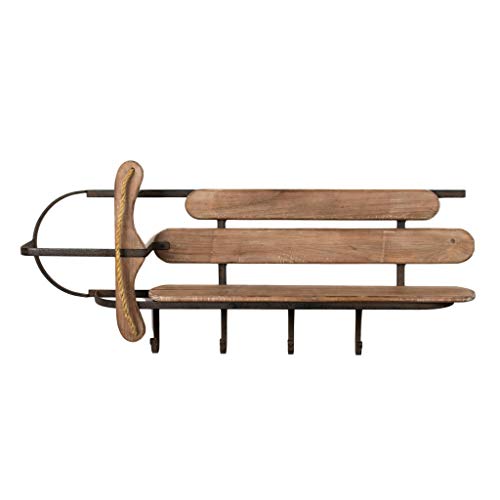 MY SWANKY HOME Sleigh Sled Shaped Wood Wall Shelf Metal Frame 4 Hook Coat Entryway Kitchen