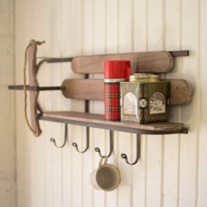 MY SWANKY HOME Sleigh Sled Shaped Wood Wall Shelf Metal Frame 4 Hook Coat Entryway Kitchen