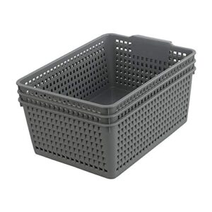 gloreen grey plastic weave basket, multipurpose storage basket for organizer, 3 packs
