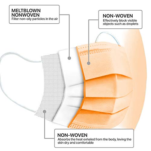 50 PCS Orange Disposable Face Masks 3-Ply Filter Earloop Mouth Cover, Face Mask (Orange)