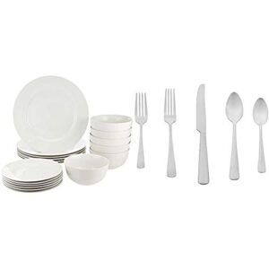 amazon basics 18-piece kitchen dinnerware set, plates, dishes, bowls, service for 6 - white & 20-piece stainless steel flatware set with square edge, service for 4