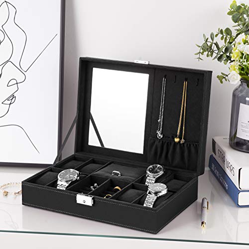 Oyydecor bestwishes Jewelry Box Watch Box Organizer 8-Slot Storage Watch Organizer Case Jewelry Display Case Organizer with Mirror (Black)