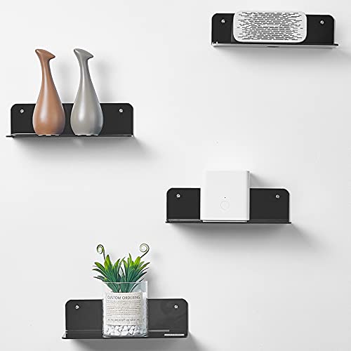 OAPRIRE Small Acrylic Floating Wall Shelves Set of 4, Flexible Use of Wall Space, 9 Inch Adhesive Display Shelf for Security Cameras/Smart Speaker/Action Figures with Cable Clips (4, Black)