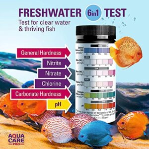 Freshwater Aquarium Test Strips 6 in 1 - Fish Tank Test Kit for Testing pH Nitrite Nitrate Chlorine General & Carbonate Hardness (GH & KH) - Easy to Read Wide Strips & Full Water Testing Guide - 64 Ct