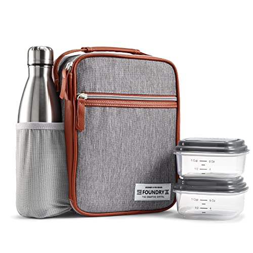 Foundry by Fit + Fresh, Thayer Insulated Lunch Bag with 2 Food Containers & a Stainless Steel Tumbler, Reusable Lunch Box & Mini Cooler Bag, Perfect for School, Work, Picnics & More, Grey