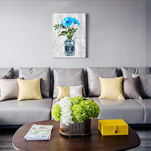 kitchen Wall Decor Blue Flower Canvas Wall Art for Bedroom Bathroom Decorations Pictures Modern Black and white Canvas prints Artwork farmhouse Vintage Wood grain background paintings Home Decoration