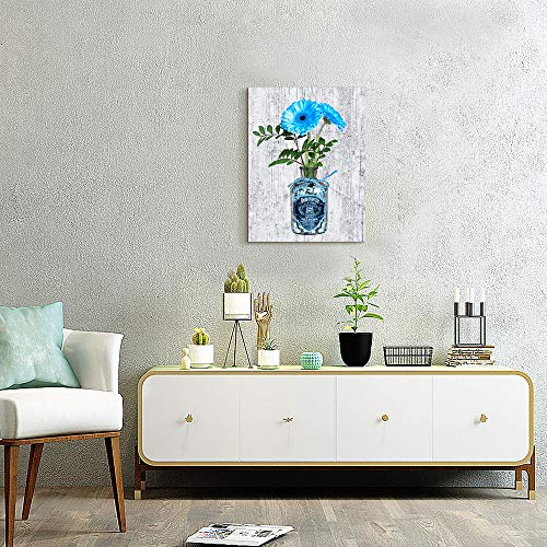 kitchen Wall Decor Blue Flower Canvas Wall Art for Bedroom Bathroom Decorations Pictures Modern Black and white Canvas prints Artwork farmhouse Vintage Wood grain background paintings Home Decoration
