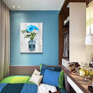kitchen Wall Decor Blue Flower Canvas Wall Art for Bedroom Bathroom Decorations Pictures Modern Black and white Canvas prints Artwork farmhouse Vintage Wood grain background paintings Home Decoration