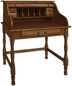 mini roll top desk solid oak wood 32x 24x 44 small writing or laptop desk burnished walnut finish small desk for home office, kitchen, bedroom, living room, den great bill paying desk