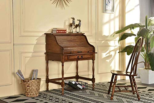 Mini Roll Top Desk Solid Oak Wood 32x 24x 44 Small Writing or Laptop Desk Burnished Walnut Finish Small Desk For Home Office, Kitchen, Bedroom, Living Room, Den Great Bill Paying Desk