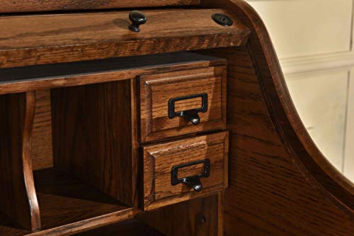 Mini Roll Top Desk Solid Oak Wood 32x 24x 44 Small Writing or Laptop Desk Burnished Walnut Finish Small Desk For Home Office, Kitchen, Bedroom, Living Room, Den Great Bill Paying Desk