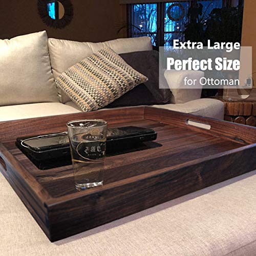 MAGIGO 22 x 22 Inches Large Square Black Walnut Wood Ottoman Tray with Handles, Serve Tea, Coffee or Breakfast in Bed, Classic Wooden Decorative Serving Tray