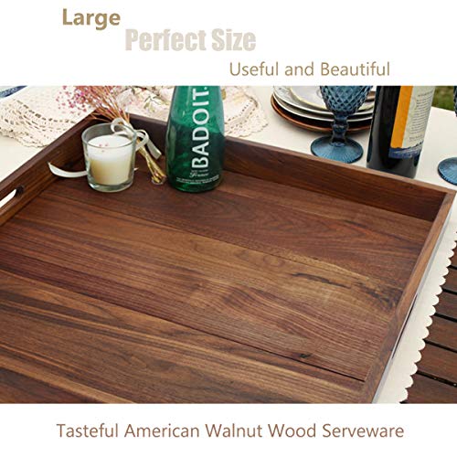 MAGIGO 22 x 22 Inches Large Square Black Walnut Wood Ottoman Tray with Handles, Serve Tea, Coffee or Breakfast in Bed, Classic Wooden Decorative Serving Tray