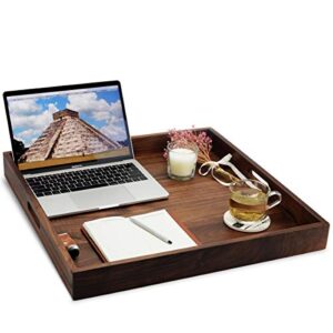 MAGIGO 22 x 22 Inches Large Square Black Walnut Wood Ottoman Tray with Handles, Serve Tea, Coffee or Breakfast in Bed, Classic Wooden Decorative Serving Tray