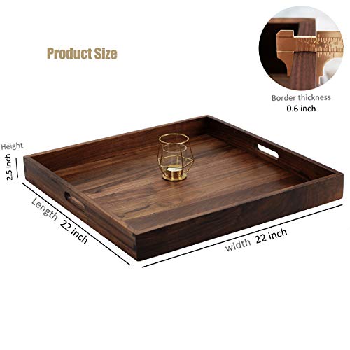 MAGIGO 22 x 22 Inches Large Square Black Walnut Wood Ottoman Tray with Handles, Serve Tea, Coffee or Breakfast in Bed, Classic Wooden Decorative Serving Tray