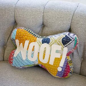 MY SWANKY HOME Woof Dog Bone Shape Kantha Throw Pillow Soft Patchwork Multicolor Boho Colorful