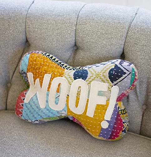 MY SWANKY HOME Woof Dog Bone Shape Kantha Throw Pillow Soft Patchwork Multicolor Boho Colorful