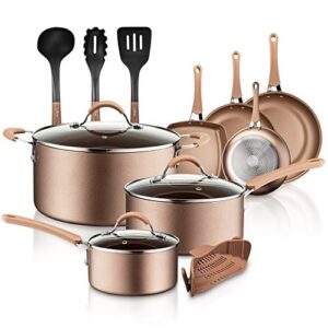 nutrichef ptfe/pfoa/pfos 14-piece nonstick kitchen cookware, set w/saucepan, frying pans, cooking pots, dutch oven pot, lids, utensil, gold