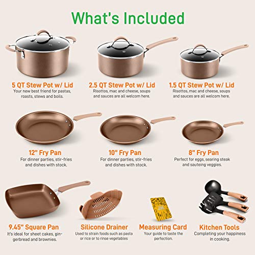 NutriChef PTFE/PFOA/PFOS 14-Piece Nonstick Kitchen Cookware, Set w/Saucepan, Frying Pans, Cooking Pots, Dutch Oven Pot, Lids, Utensil, Gold