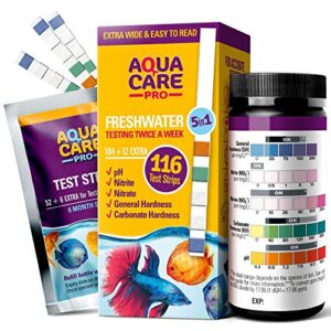 freshwater aquarium test strips 5 in 1 - pond or fish tank test kit for testing ph nitrite nitrate general & carbonate hardness (gh & kh) - easy to read wide strips & full water testing guide, 116 ct