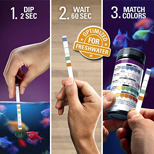 Freshwater Aquarium Test Strips 5 in 1 - Pond or Fish Tank Test Kit for Testing pH Nitrite Nitrate General & Carbonate Hardness (GH & KH) - Easy to Read Wide Strips & Full Water Testing Guide, 116 Ct