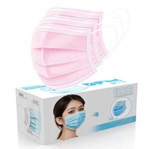 50 pcs disposable face cover 3-ply filter non medical breathable earloop masks (pink)