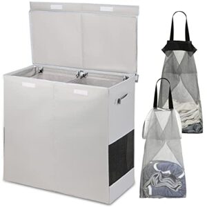 house again double laundry hamper with lid and removable laundry bags, 160l, 2 divider dirty clothes hamper with handles for bedroom, dorm, foldable laundry basket organizer, dual hamper (grey)