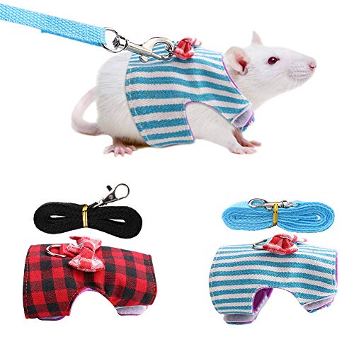 Small Pet Walking Harness Vest and Leash Set for Hamster Rabbit Ferret Guinea Pig Walking Training, Small Animal Chest Strap Set:Red Grid + Blue Stripes,2Pack,XS