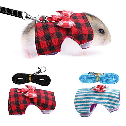 Small Pet Walking Harness Vest and Leash Set for Hamster Rabbit Ferret Guinea Pig Walking Training, Small Animal Chest Strap Set:Red Grid + Blue Stripes,2Pack,XS