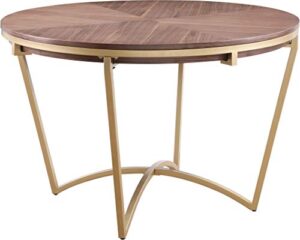 meridian furniture eleanor collection modern | contemporary rich walnut veneer dining table with brushed gold base in natural finish, 46" w x 46" d x 30" h