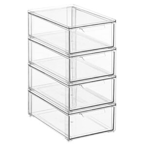 mDesign Plastic Stackable Kitchen Storage Organizer Bin Containers with Front Pull Drawer for Cabinet, Pantry, Fridge, Freezer, Shelf, Refrigerator Organization - Lumiere Collection - 4 Pack - Clear